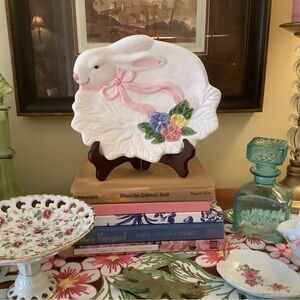 Bunny Tray/Trinket/Candy Dish with Bow and Pansies
